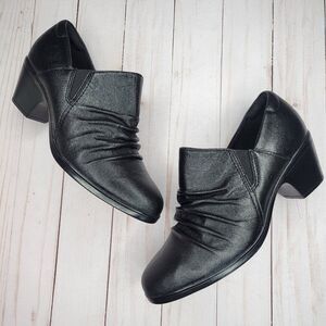 CLARKS Emily2 Cove Black Leather Heeled Comfort Bootie Mules Shoes